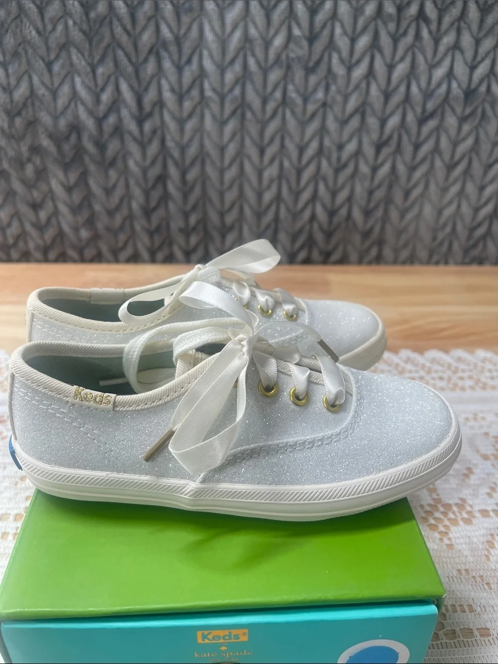kate spade Kids' Glitter Ribbon Lace Sneakers in Cream